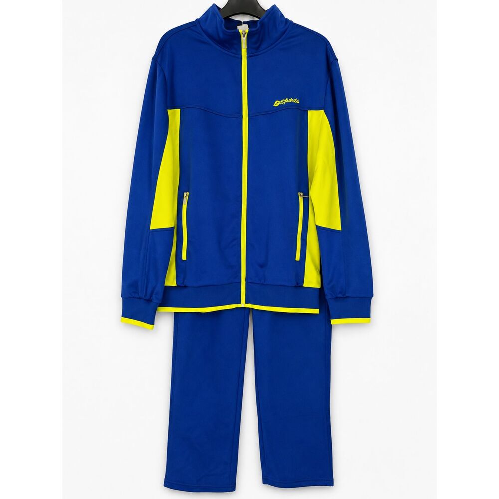 TBY Sports Men's Medium Blue Neon Yellow Track Suit Jacket Pants Set NWT
